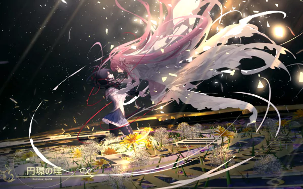 4K Ultra HD PC wallpaper featuring Madoka Kaname, Homura Akemi, and Ultimate Madoka from the anime Puella Magi Madoka Magica in a dynamic, radiant scene.