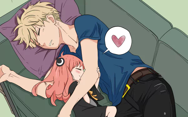 Loid Forger and Anya Forger from Spy x Family peacefully nap together on a couch, capturing a heartwarming moment in this vibrant 4K Ultra HD anime wallpaper.