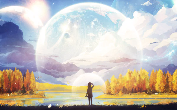 Anime-style HD desktop wallpaper featuring a silhouette of a person under an immense, ethereal moon, set against a vibrant landscape of autumnal trees and a reflective lake.
