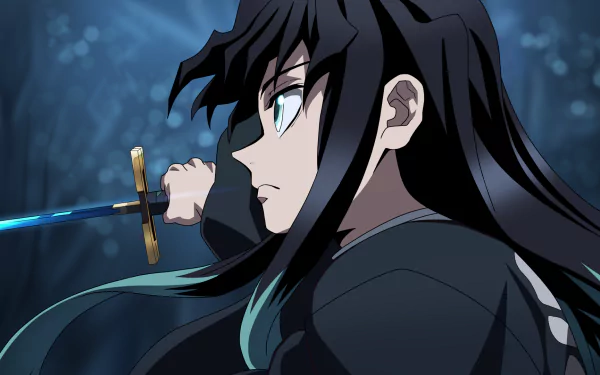 Muichiro Tokito from the anime Demon Slayer: Kimetsu no Yaiba, depicted with a focused expression holding a glowing sword in a dark, atmospheric HD desktop wallpaper.