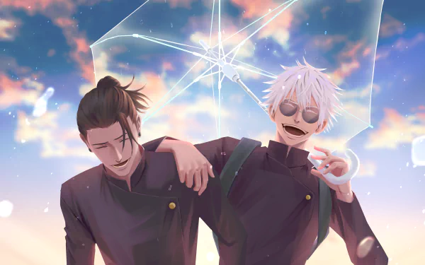 Suguru Geto and Satoru Gojo from Jujutsu Kaisen share a relaxed moment under a pastel sky in this vibrant 4K Ultra HD anime desktop wallpaper.