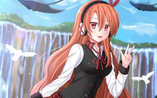 This HD desktop wallpaper features Chelsea from Akame ga Kill! She has long orange hair, red eyes, and is wearing headphones and a skirt, smiling with a peace sign in front of a scenic waterfall backdrop with birds.