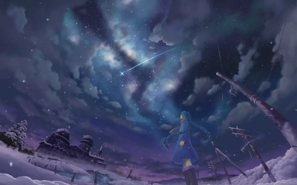HD desktop wallpaper featuring Hatsune Miku with long blue hair, wearing a winter outfit in a snowy landscape under a starry sky.