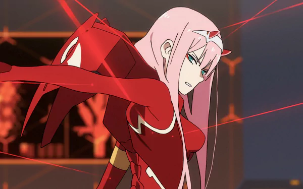 Anime character Zero Two from Darling in the FranXX with pink hair, green eyes, and horns in a dynamic pose. HD desktop wallpaper background.
