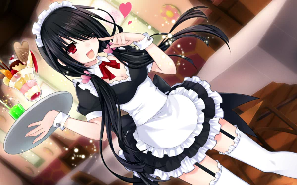 HD desktop wallpaper featuring Kurumi Tokisaki from the anime Date A Live, dressed in a maid outfit. She is carrying a tray with a dessert, set against a warm and inviting background.