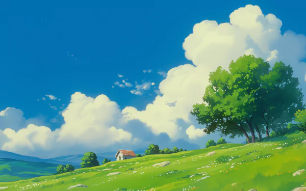 HD desktop wallpaper inspired by Studio Ghibli, featuring a vivid, pastoral scene reminiscent of Windows XP’s classic background with a lush tree, rolling hills, and fluffy clouds.