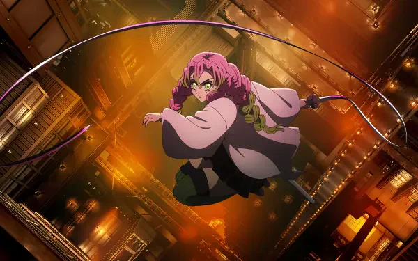Anime depiction of Mitsuri Kanroji (Demon Slayer: Kimetsu no Yaiba — The Movie: Infinity Castle) mid-air over a glowing industrial city, 4K Ultra HD PC desktop wallpaper/background.