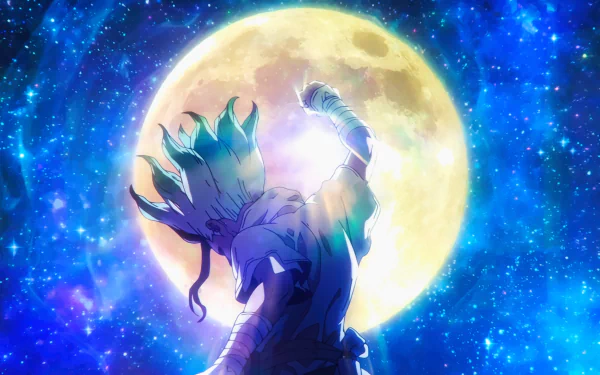 HD desktop wallpaper from the anime Dr. Stone featuring Senku Ishigami reaching toward a glowing moon in a starry sky.