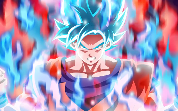 HD desktop wallpaper featuring Goku from Dragon Ball Super, showcasing him in a powerful stance surrounded by blue and red flames.