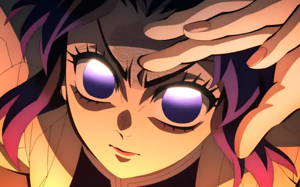 Close-up of Shinobu Kochou from Demon Slayer: Kimetsu no Yaiba, featuring vibrant purple eyes and detailed shading in a 4K Ultra HD anime desktop wallpaper.