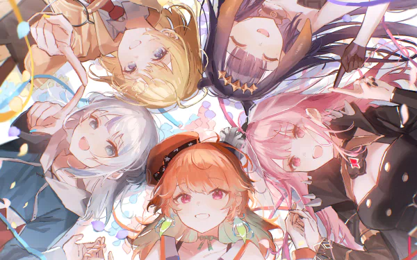 A vibrant 4K Ultra HD wallpaper featuring five Hololive virtual YouTubers, showcasing their unique styles and expressions in an engaging, colorful composition.