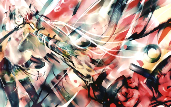 HD desktop wallpaper featuring a dynamic, vibrant depiction of Hatsune Miku from the Vocaloid series, showcasing an anime art style with energetic and colorful abstract elements in the background.