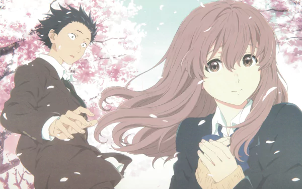 HD wallpaper featuring Shouko Nishimiya and Shouya Ishida from the anime 'A Silent Voice', with cherry blossoms in the background.
