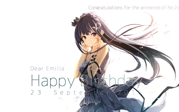 HD desktop wallpaper featuring Emilia from Re:Zero - Starting Life in Another World. The image shows Emilia in a dark dress with flowing hair, accompanied by the text Happy Birthday 23 September 2011.