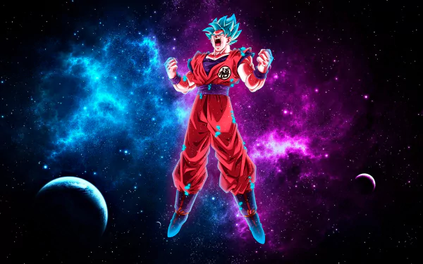 HD desktop wallpaper featuring Goku from Dragon Ball Super, shown in a powerful pose against a vibrant cosmic background with planets and nebulae.