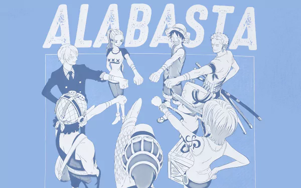 4K Ultra HD One Piece anime wallpaper depicting the Straw Hat crew in a circle with ALABASTA text above on a light blue background.