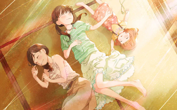 Anime wallpaper featuring Momo, Hinata, and Akari Kawamoto from March Comes in like a Lion, peacefully lying on the ground with soft lighting.