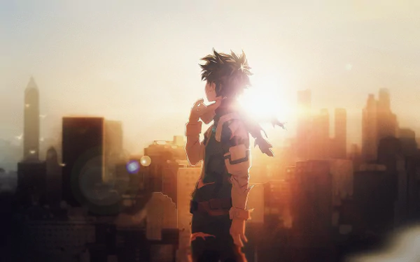 HD wallpaper of Izuku Midoriya from My Hero Academia, overlooking a sunrise in a cityscape.