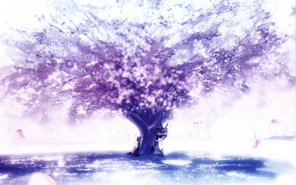 HD desktop wallpaper featuring an anime scene with Marisa Kirisame and Reimu Hakurei from Touhou, standing near a sakura tree in full bloom. The background showcases an ethereal, misty atmosphere.