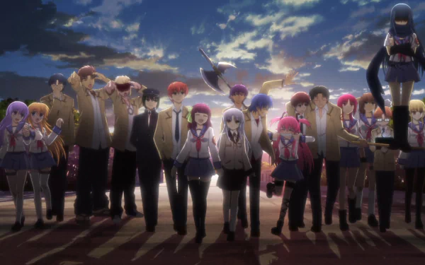 HD desktop wallpaper of the anime Angel Beats!, depicting the main characters standing together with a dramatic sunset background.