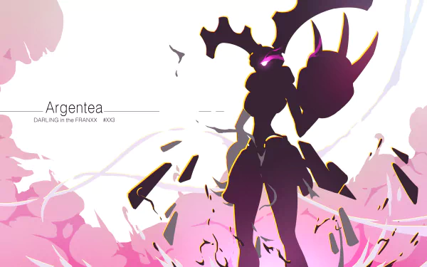 HD desktop wallpaper: Anime robot from Darling in the FranXX amidst pink smoke. Text reads Argentea and DARLING in the FRANXX #02 on the left. Background is bright and dynamic.