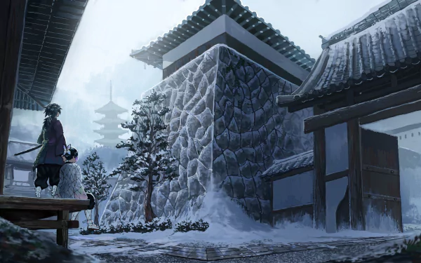HD desktop wallpaper featuring Giyu Tomioka and Shinobu Kochou from Demon Slayer: Kimetsu no Yaiba, standing in a serene, snow-covered traditional Japanese setting.