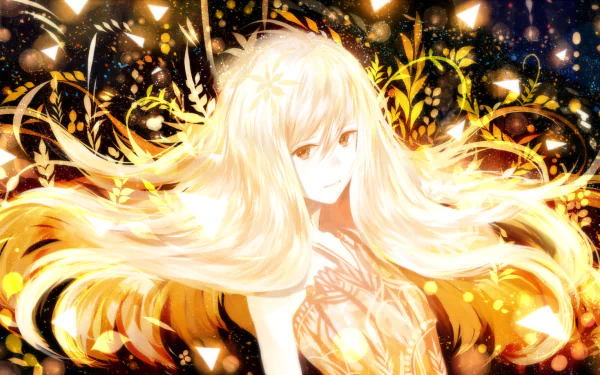 HD desktop wallpaper of an anime girl with long blonde hair, yellow eyes, and a glittering dress set against a vibrant background.