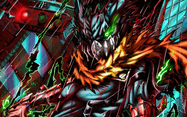 HD desktop wallpaper featuring Izuku Midoriya from the anime My Hero Academia, showcasing a dark and dramatic scene with vibrant colors and intense action energy.