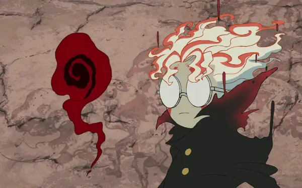 HD anime desktop wallpaper featuring a character from Dandadan with spiky, flaming white hair and glasses, standing against a cracked stone wall with a red spiral symbol.