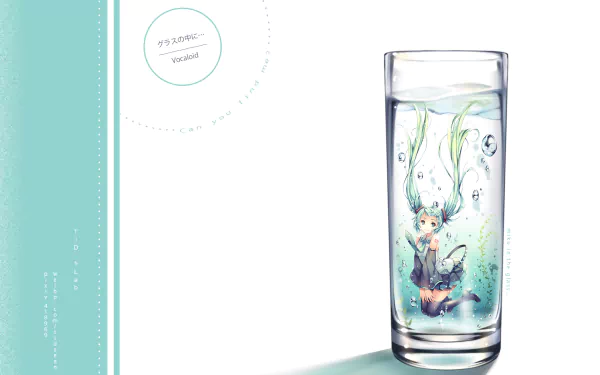HD desktop wallpaper of Hatsune Miku from Anime Vocaloid, featuring her submerged in a tall glass of water with an ethereal, whimsical background.