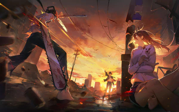 4K Ultra HD desktop wallpaper featuring Aki Hayakawa, Gun Devil, Power, and Denji from the anime Chainsaw Man in a dramatic sunset urban scene.
