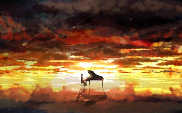 HD desktop wallpaper featuring Kousei Arima from the anime Your Lie in April standing and a grand piano against a breathtaking sunset sky with streaks of light.