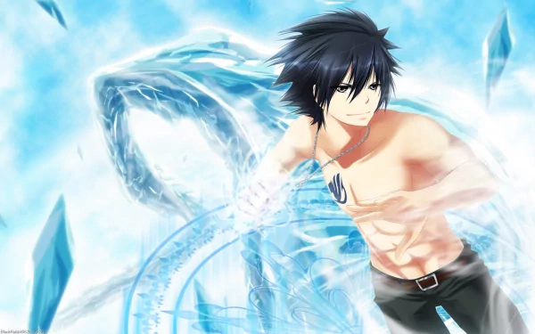 HD desktop wallpaper featuring Gray Fullbuster from the anime Fairy Tail. He is surrounded by frosty ice magic, showcasing his power in an action-packed scene.