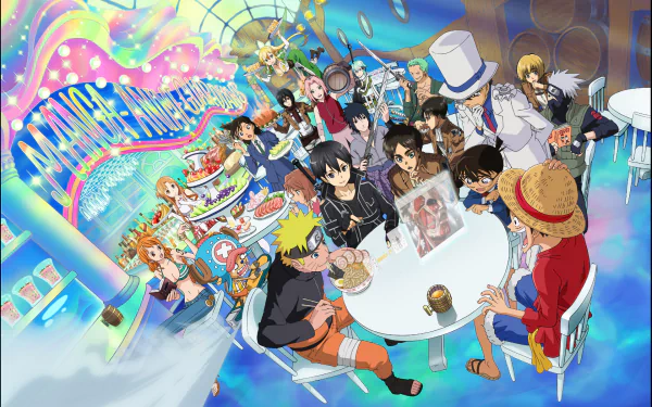 A vibrant HD anime crossover desktop wallpaper featuring numerous popular characters gathered in a colorful, lively café setting.