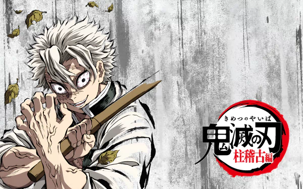 Anime artwork of Sanemi Shinazugawa from Demon Slayer: Kimetsu no Yaiba, featured in a 4K Ultra HD PC desktop wallpaper with a dynamic pose and falling leaves.