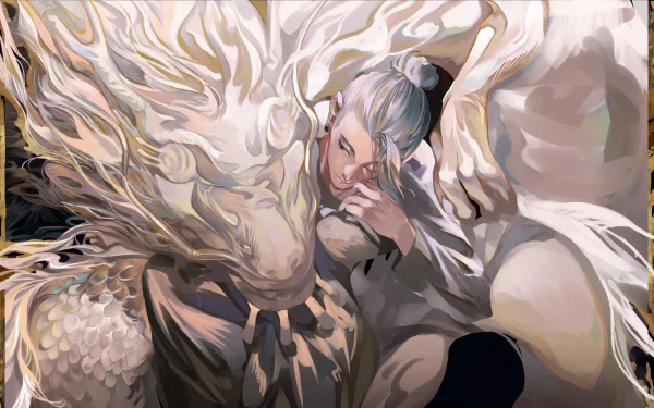 Suguru Geto from Jujutsu Kaisen depicted in a detailed anime-style 4K Ultra HD desktop wallpaper featuring intricate white and gold tones.