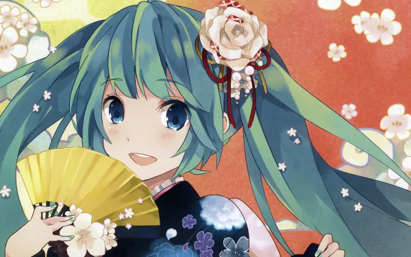 HD desktop wallpaper featuring Hatsune Miku from Vocaloid, dressed in a traditional outfit, holding a fan, with a floral background.