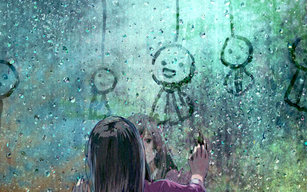 A reflective anime girl touches a rainy window adorned with simple stick figure drawings. This HD desktop wallpaper features water drops and a tranquil, pensive atmosphere.