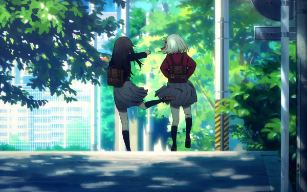 4K Ultra HD anime wallpaper featuring two girls from Lycoris Recoil walking along a sunlit, leafy urban street with vibrant greenery and soft shadows.
