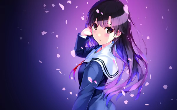HD desktop wallpaper featuring Utaha Kasumigaoka from the anime Saekano: How to Raise a Boring Girlfriend, set against a purple background with falling cherry blossoms.