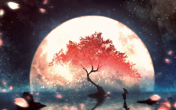 Anime-style HD desktop wallpaper depicting a sakura tree under a starry sky with a full moon in the background. The tree is positioned on an island in a reflective body of water.