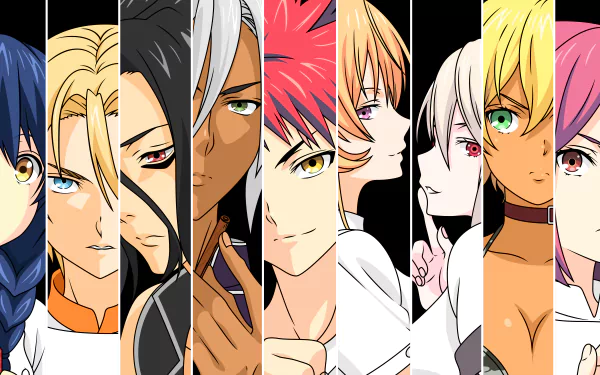 HD wallpaper featuring characters from Food Wars: Shokugeki no Soma, including Hisako Arato, Ikumi Mito, Alice Nakiri, Erina Nakiri, Sōma Yukihira, Akira Hayama, Ryō Kurokiba, Takumi Aldini, and Megumi Tadokoro.