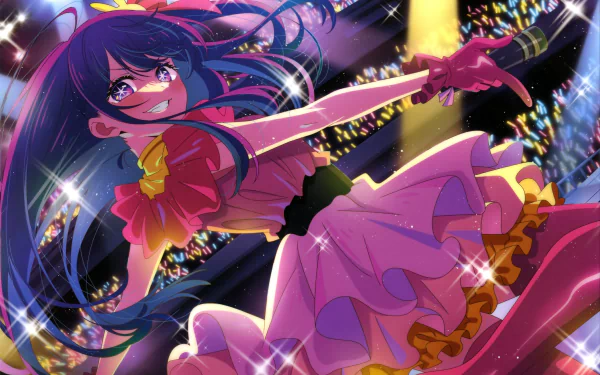 Ai Hoshino from Oshi no Ko shines brightly on stage in this vibrant 4K Ultra HD anime desktop wallpaper, showcasing dynamic colors and energetic performance.
