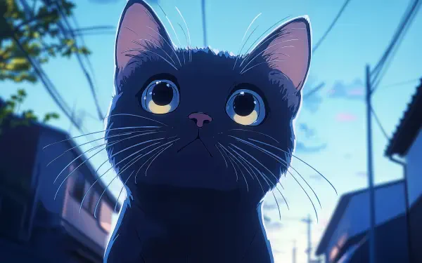 A charming anime cat gazes upward with large, expressive eyes against a scenic backdrop, captured in stunning 4K Ultra HD for a desktop wallpaper.
