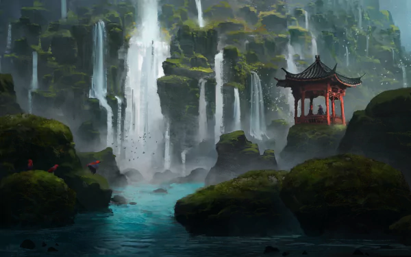 HD anime wallpaper featuring a serene original artwork of a traditional Japanese pavilion by a tranquil waterscape surrounded by towering cliffs and cascading waterfalls.