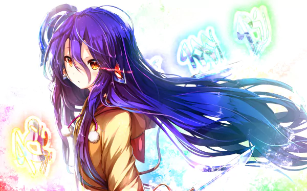 HD desktop wallpaper featuring Shuvi Dola from No Game No Life: Zero. She has long purple hair and orange eyes, set against a colorful background with vibrant symbols.