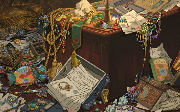 Detailed 4K Ultra HD Studio Ghibli anime wallpaper featuring Chihiro from Spirited Away amidst a cluttered desk filled with treasures and papers.