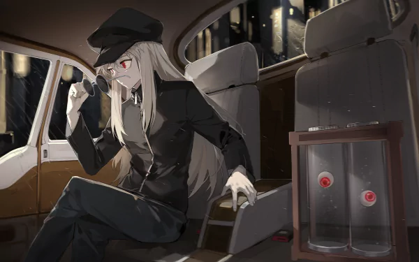 HD desktop wallpaper featuring Kurapika from Hunter × Hunter in a stylish suit, seated in a car with a guarded demeanor and a glass container beside him.