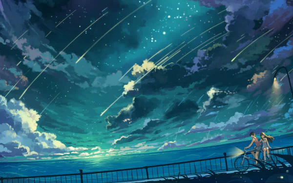 Anime-style wallpaper of a couple with a bicycle by the ocean under a starry sky with shooting stars and vibrant clouds.