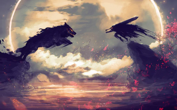 HD wallpaper featuring Guts from Berserk facing off against a wolf, with a dramatic sky and ominous landscape in the background.